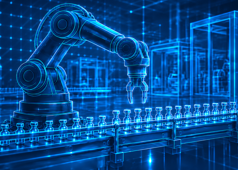 Neon-blue robotic vial assembly line