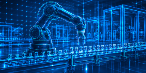 Neon-blue robotic vial assembly line